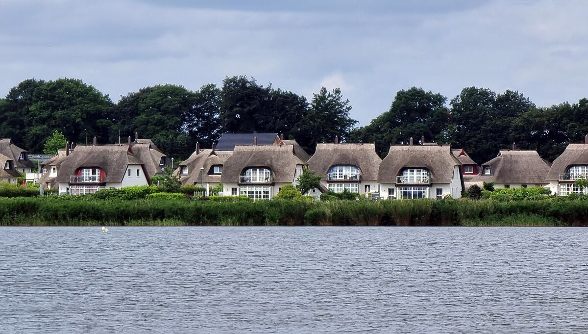 Rij vakantiehuizen met rieten daken aan het water in Zinnowitz op Usedom